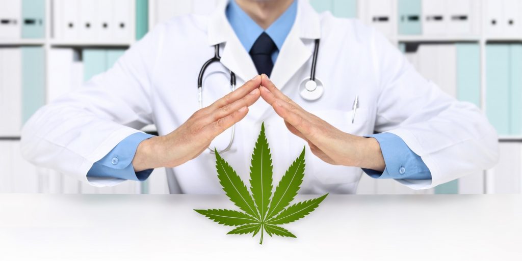 hands doctor with marijuana medical cannabis icon